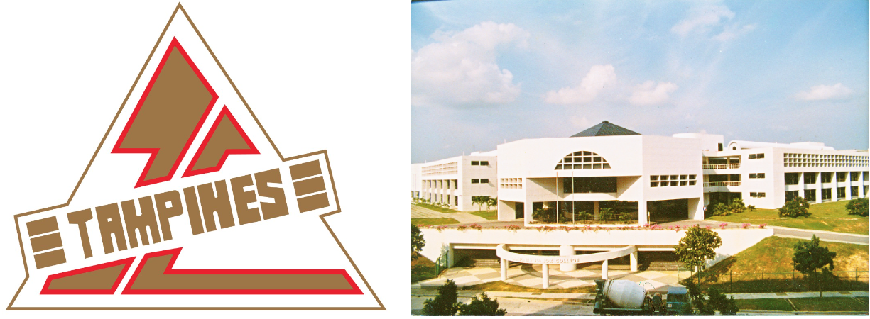 Tampines emblem with triangle arrows beside a photo of a large white institutional building with a pyramid roof.